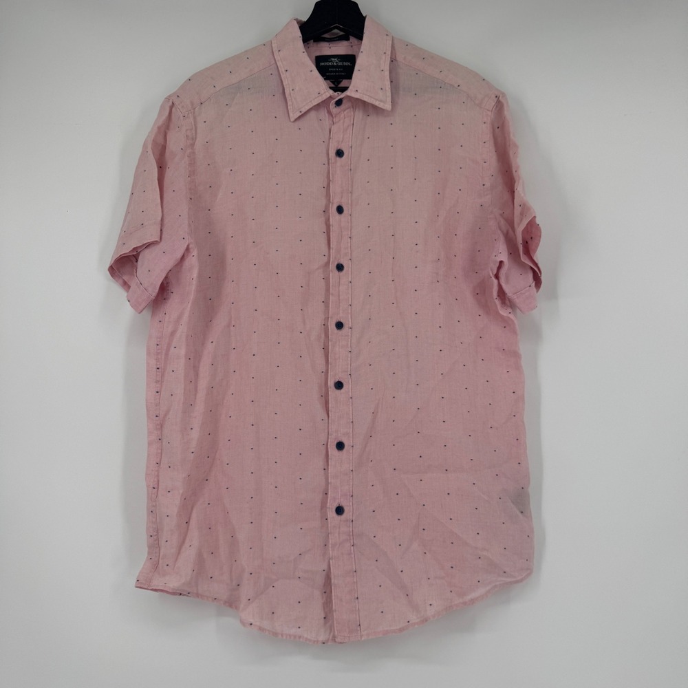 Rodd & Gunn Mens Pink Polka Dot 100% Linen Short Sleeve Button Up Shirt Large